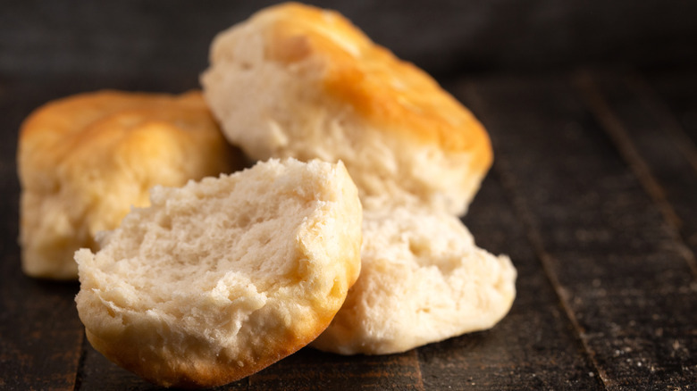 Made from scratch buttermilk biscuits on wood table