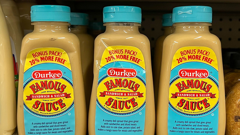 jars of durkee sauce on grocery store shelves