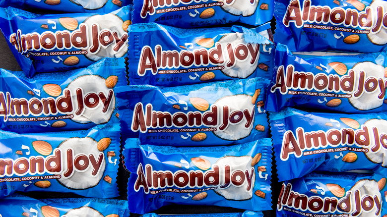 fun-sized Almond Joy candies lined up with blue wrappers