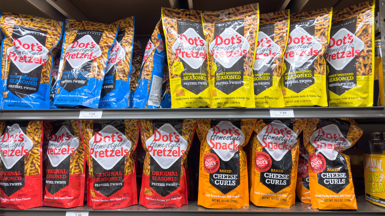 packages of Dot's Homestyle Pretzels on shelves