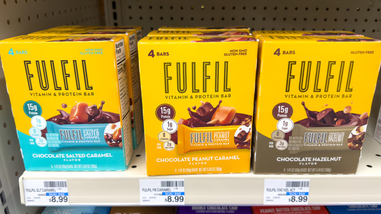 boxes of Fulfil protein bars on store shelf