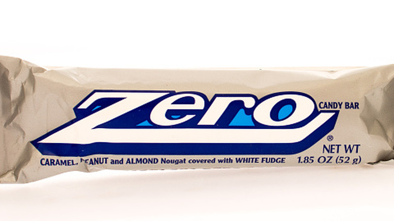 Zero candy bar's white packaging with blue outlined text