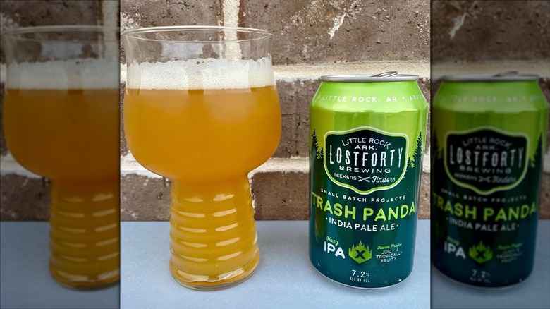 A filled beer glass and a green can of Trash Panda IPA in front of a brick wall