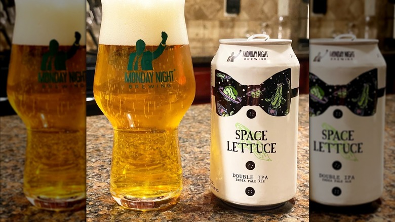 Monday night Brewing branded beer glass next to a can of Space Lettuce IPA