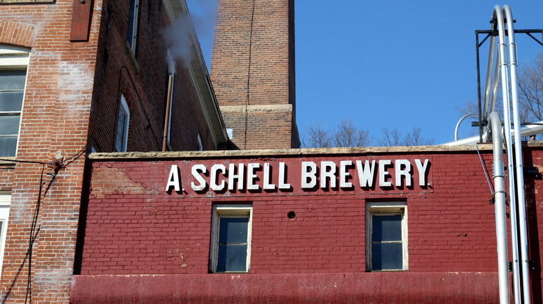 Schell Brewery signage on a red brick building