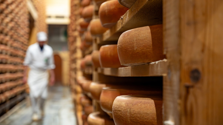 worker walking through cheese cave