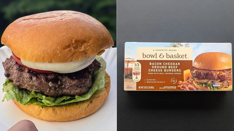 A cooked Bowl and Basket bacon cheddar ground beef cheese burger