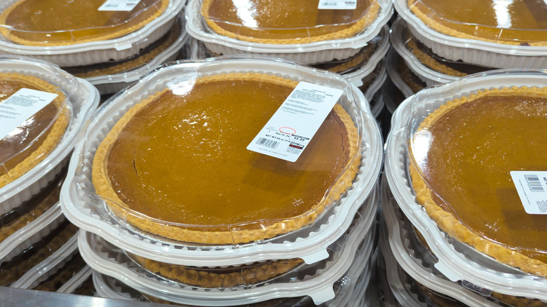 Packaged pumpkin pies stacked at Costco