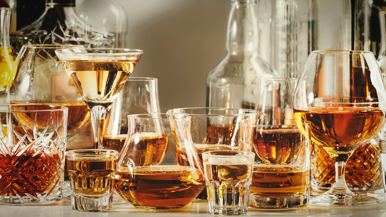 A variety of whiskies in glasses