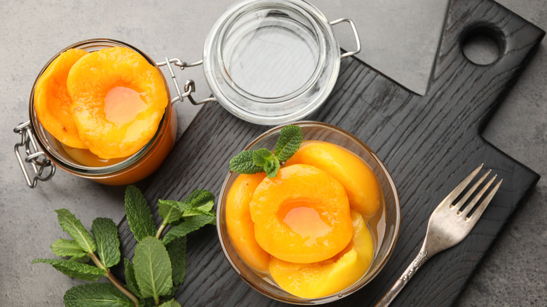 Pickled peaches in a dish