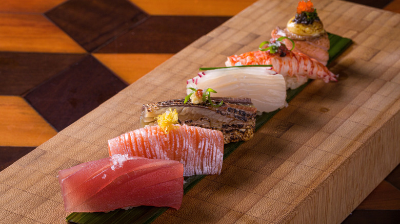 a tray with various nigiri sishi