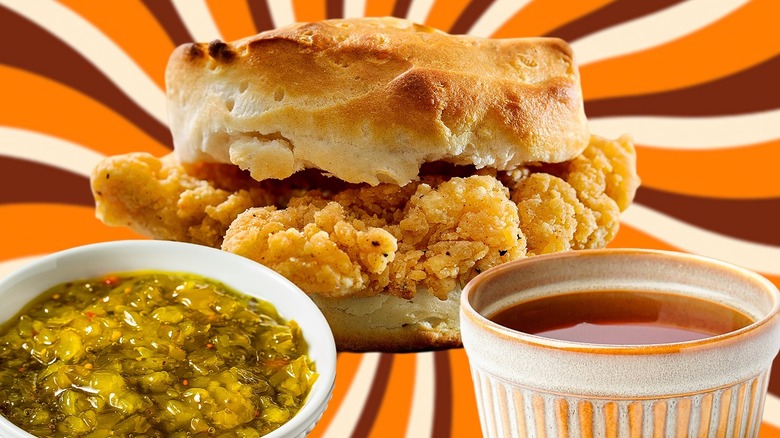 Fried chicken biscuit with sweet toppings