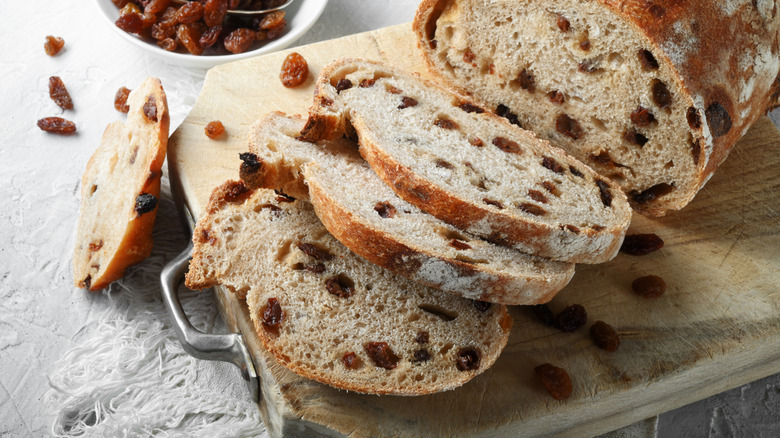 sliced loaf of raisin bread