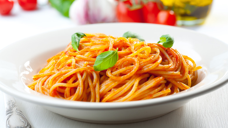 bowl of pasta with tomato sauce