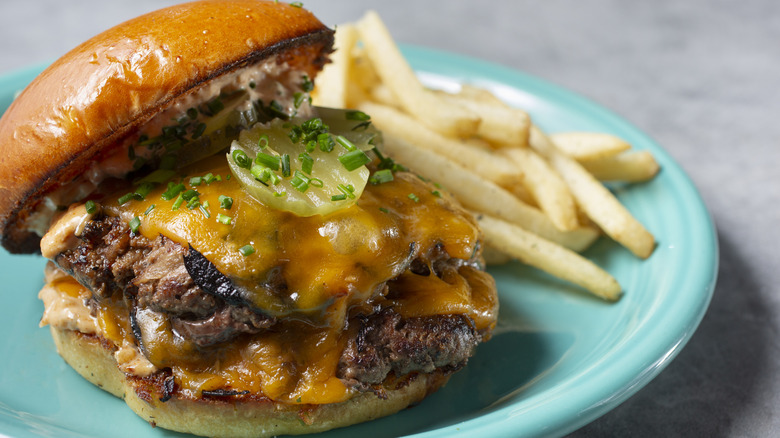 Cheeseburger and fries on a blue plate.