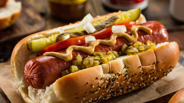 A hot dog with pickles and tomatoes