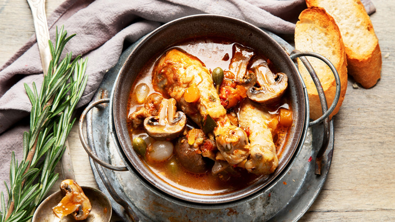 Top-view of traditional French coq au vin