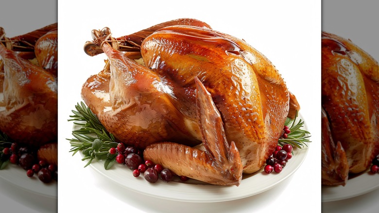 A large white dinner platter is topped with a golden roasted whole turkey. A few pieces of rosemary and a handful of cranberries adorn the dish to give it some color and holiday feel