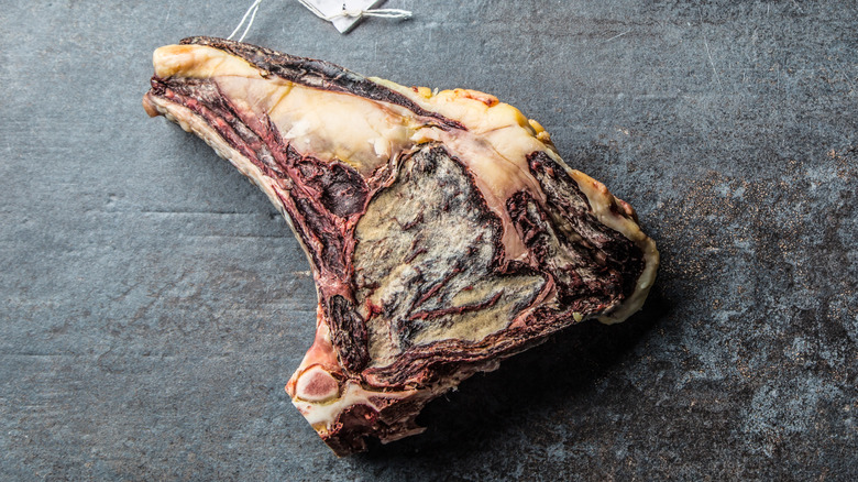 A dry-aged cut of beef on a concrete countertop.