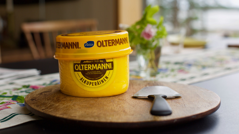 The Finnish Valio Oltermanni cheese in yellow wrapping on a table