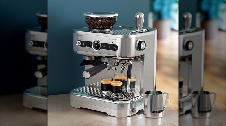The Philips Barista Brew angled with two pulled espresso shots