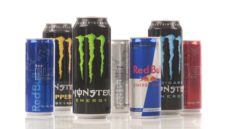 Assorted Monster and Red Bull cans