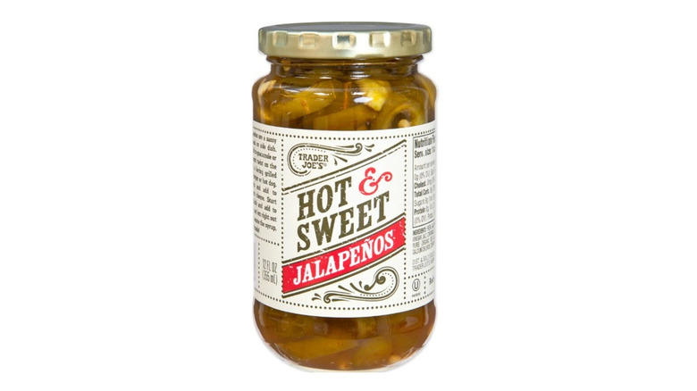 a jar of Trader Joe's Hot & Sweet Jalapeños against a white background