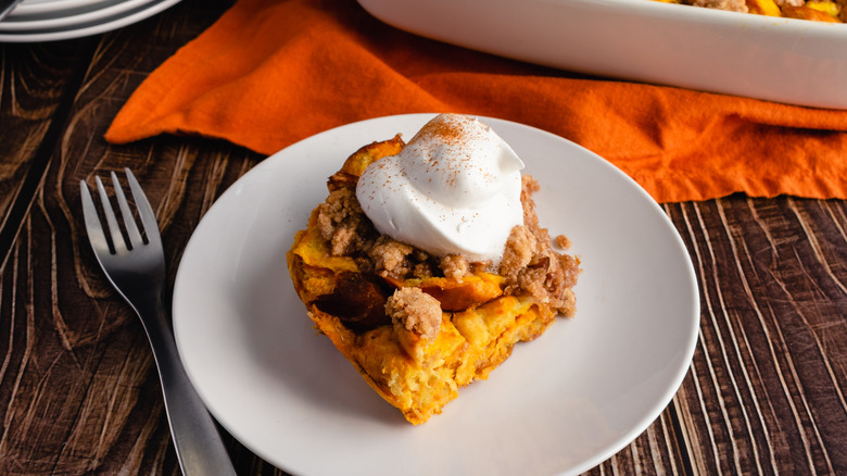 pumpkin french toast casserole with whipped cream