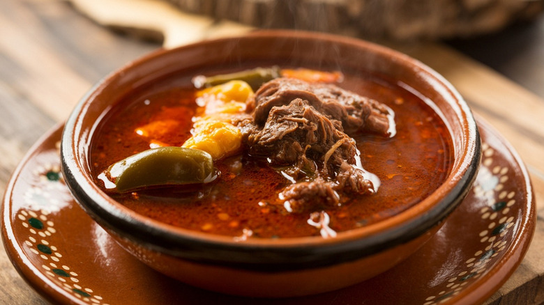 A red bowl of Mexican beef stew, with several large chunks of meat and a chile pepper visible in the sauce
