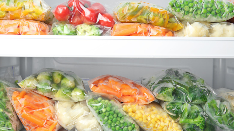 frozen vegetables in a freezer