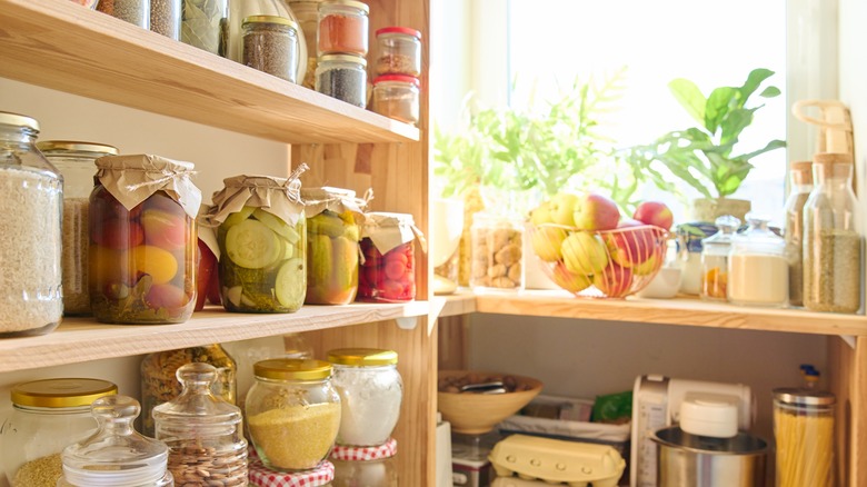 kitchen pantry shelves with ingredients