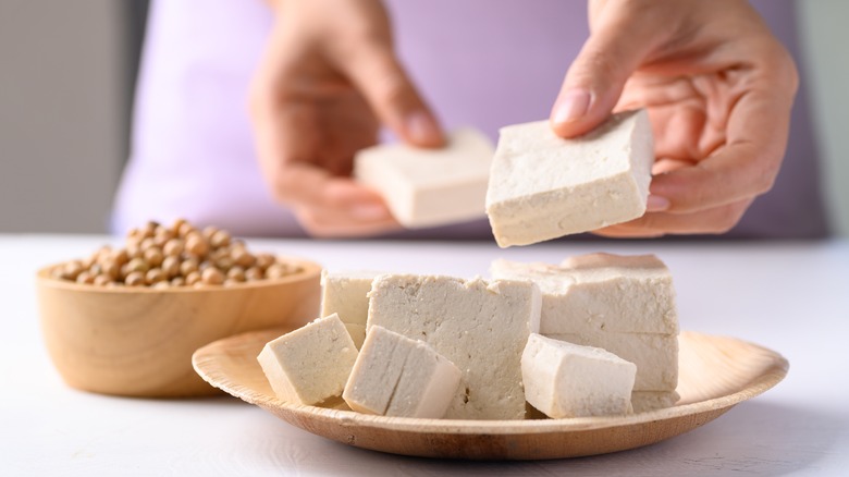 Hands holding blocks of tofu