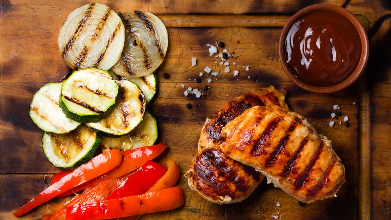 chicken and vegetable grill marks