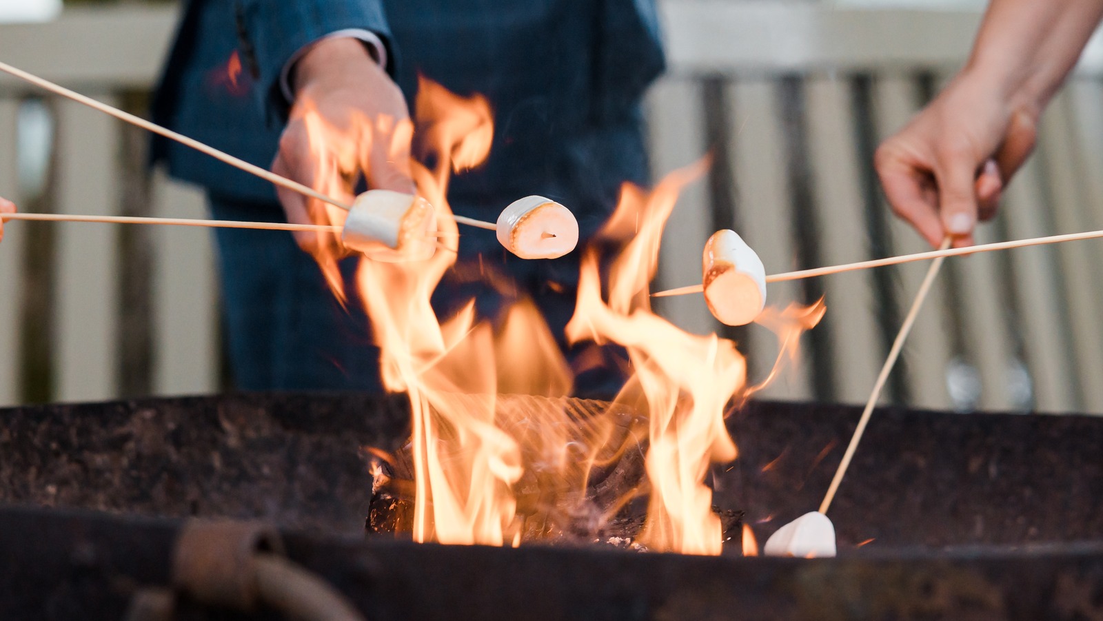an image of roasting marshmallows on steel fire pit