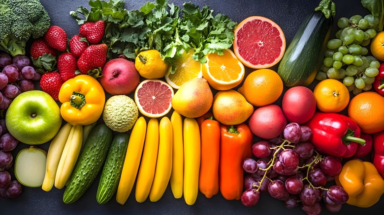 Overview of a colorful variety of fruits and vegetables