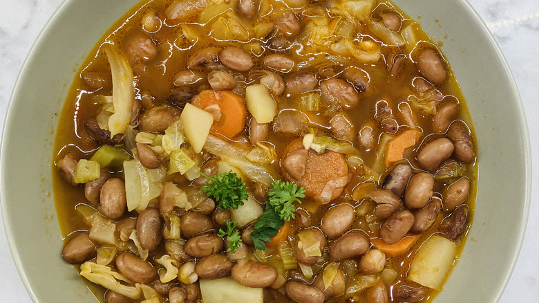 A closeup of a white bowl on a marble table depicts a stew made with three different kinds of beans, among other vegetables like carrots and onions topped with fresh green parsley