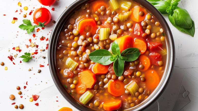 A closeup of a black bowl of lentil vegetable stew on a white table surrounded by ingredients used in the stew including lentils, red chili flakes, cilantro, tomato, and pepper.