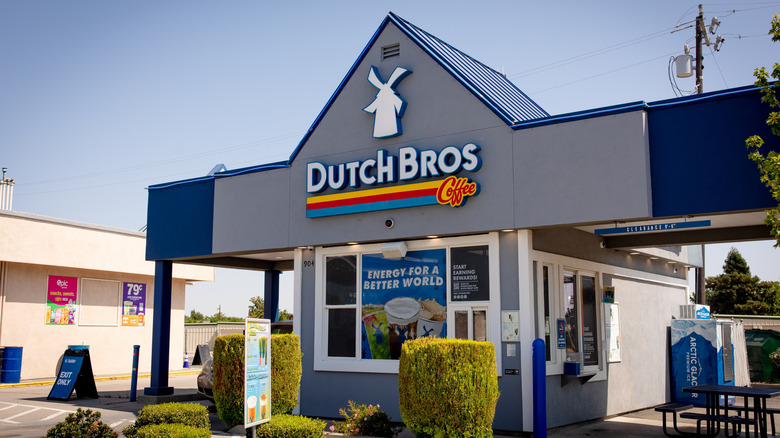 Dutch Bros Coffee sign glowing at night