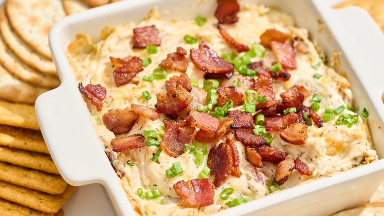 close up of chicken bacon ranch dip in a dish