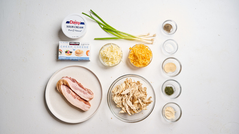 Chicken bacon ranch dip ingredients on a table