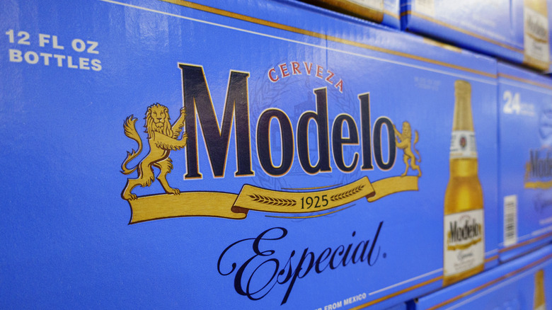 Cases of Modelo beer are displayed at a Costco