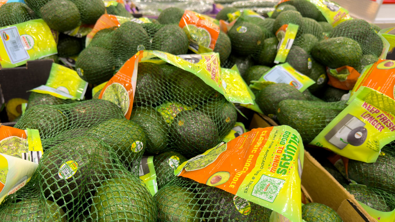 Green avocados packed in lime green mesh bags at Costco
