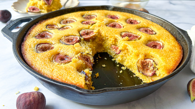 Fig cornbread with one slice removed 