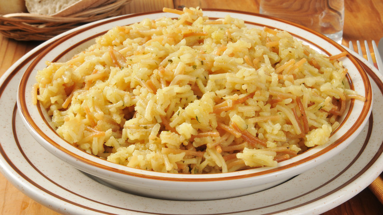 Rice-A-Roni cooked in a white dish