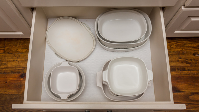 Overhead view of baking dishes in drawer
