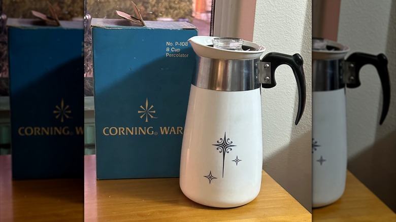 CorningWare percolator with Black Starburst design and original packaging
