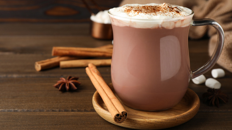 Glass mug of hot chocolate