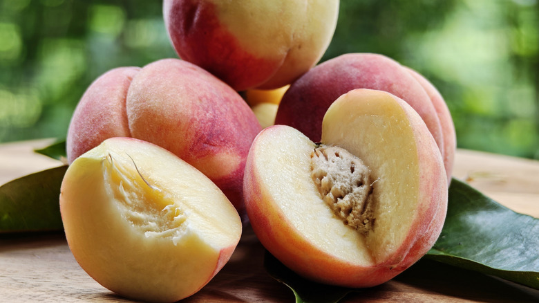 Sweet peaches growing in orchard
