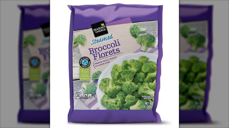 A purple bag of Season's Choice steamable broccoli florets