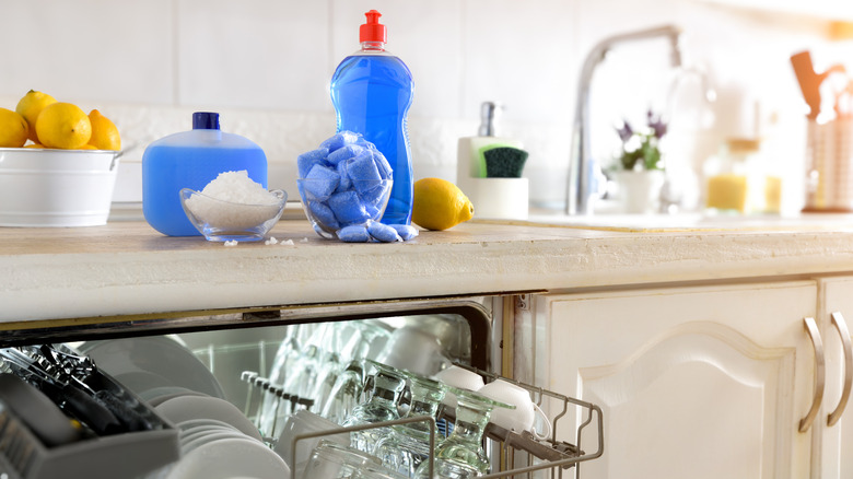 dishwasher materials on the counter in the kitchen